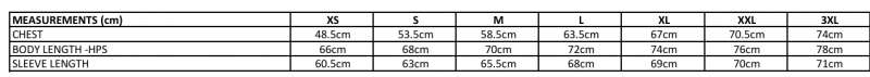 Assegai's Untamed hoodie size chart